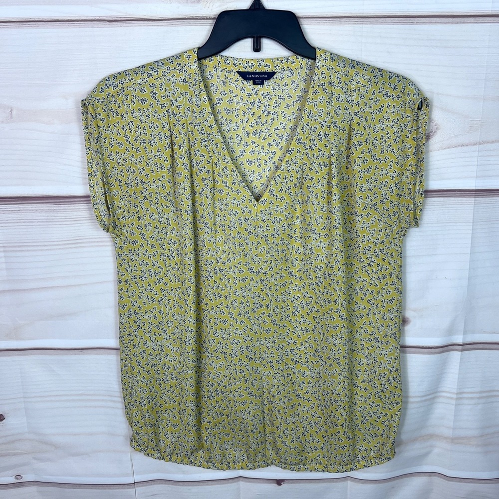 Lands End Top Womens 6 Yellow Floral‎ Blouse V-Neck Elastic Waist Woven Pullover